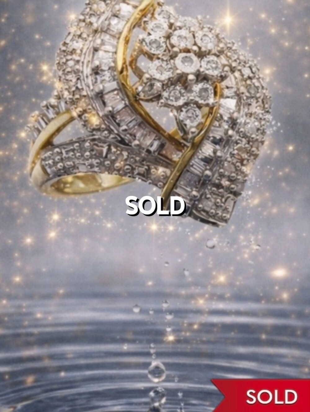 **SOLD- Genuine White Diamonds Signed JWBR Sterling Vermeil 2 Tone Cocktail Ring